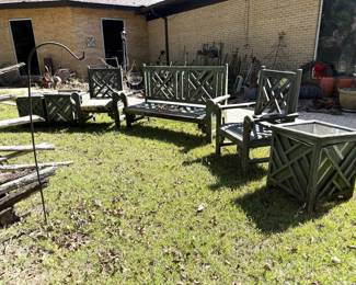 TEAKWOOD BENCH 2 CHAIRS AND 3 PLANTERS