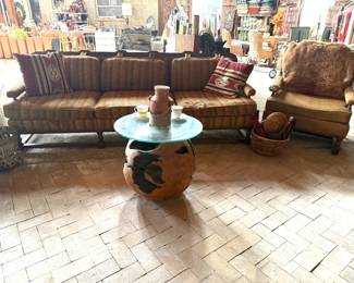 1970'S SOFA AND CHAIR TEAKWOOD GLASS TOP TABLE