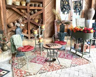 GREEN IRON CHAIRS PLANT STAND AND POT STAND