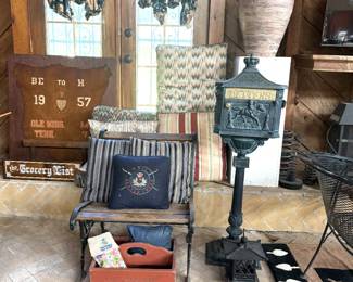 WOOD AND IRON BENCH AND ALUMINUM FREE STANDING MAIL BOX