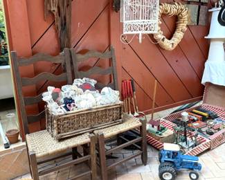 CORD BOTTOM LADDER BACK CHAIRS AND IRON BIRD CAGE