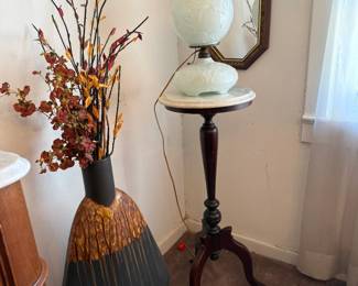 MARBLE TOP PLANT STAND MILK GLASS LAMP