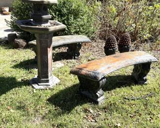 3 & 4 CONCRETE BENCHES, CONCRETE PINEAPPLES, AND BIRD BATH