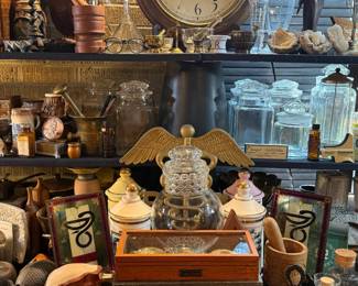 WOODEN BALANCE SCALE APOTHECARY JARS SETH THOMAS CLOCK