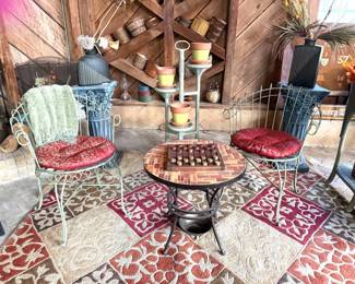 GREEN IRON CHAIRS CONCRETE PEDISTALS POT STAND