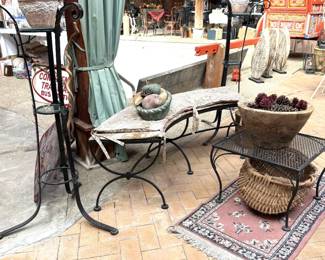 IRON ROUNDED BENCH, PLANT STANDS AND TABLE