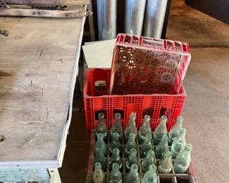 WOOD COKE CRATE AND BOTTLES