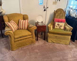 GREEN CHAIRS AND SILVER CHEST