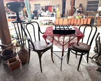 GLASS TOP TABLE 2 ICE CREAM CHAIRS AND CHECKER BOARD