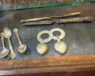 STERLING HEART BABY RATTLES & 2 STERLING CHEESE KNIVES