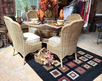 TEAK WOOD GLASS TOP TABLE AND WICKER CHAIRS