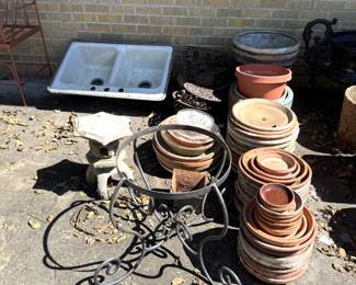 FLOWER POTS AND VINTAGE CAST IRON SINK