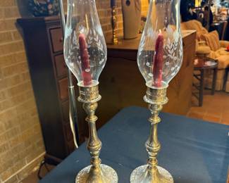 GORHAM 750 STERLING CANDLE STICKS WITH CRYSTAL ETCHED GLOBES