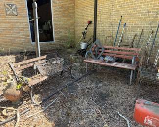 2 IRON AND WOOD BENCHES AND GARDEN STICK TOOLS