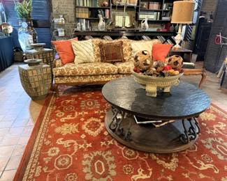 2 POTTERY FLOOR VASES VINTAGE SOFA, SLATE AND IRON COFFEE TABLE