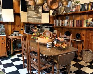 PINE TABLE COUNTRY PRIMITIVES 4 DROP LEAF TABLE AND 4 LADDER BACK CHAIRS
