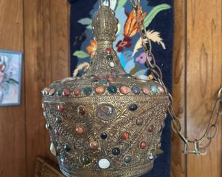 Brass pendant light encrusted with semiprecious stones
