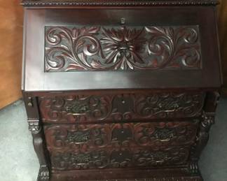 Antique Carved “Green Man” Slant-Front Secretary Desk