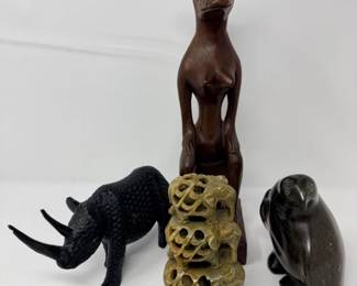 122 CollectionofHandCarvedFigurinesWoodenRhinoCatMore