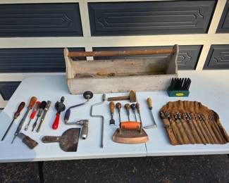 177 VintageWoodenToolTotewithHandToolsandAugerBits