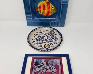 118 CeramicFishTileCatPlateFramedCatArt