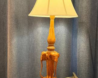 82 HandCarvedElephantWoodTableLampwithLinenShade