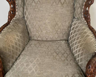 Lot 7: Upholstered Accent Armchair with Carved Wood Frame
