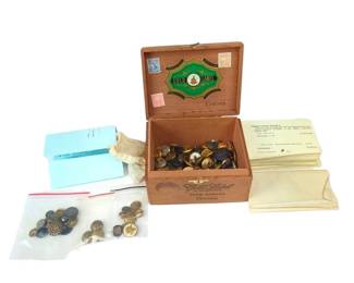Lot C41 Assorted Railroad and Uniform Buttons in Wooden Cigar Box