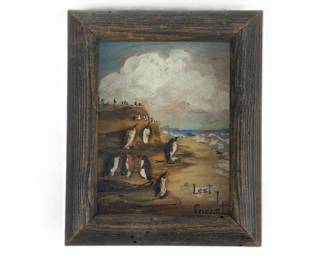 Lot C53 Framed Penguin Shore Scene, Lest I Forget, Inscribed 1930 Maud