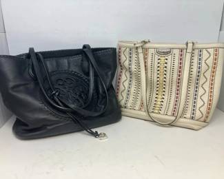 Two Brighton Leather Tote Bags Black Heart Medallion Multicolor Woven Design