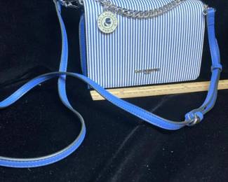 Karl Lagerfeld Paris Blue White Striped Crossbody Handbag with Silver Chain Purse Strap Charm