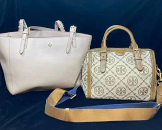 Two Tory Burch Handbags Large Leather Tote Logo Satchel with Shoulder Strap