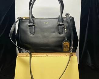 Lauren Ralph Lauren Black Leather Satchel Handbag With Shoulder Strap RLL Charm