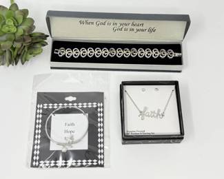 20 SilverChristianJewelryTrioHeartBraceletBangleNecklace