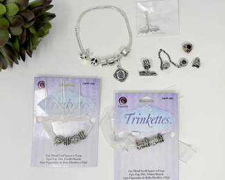 128 SilverToneCharmBraceletLotwithTrinkettesSpacers
