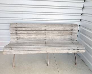 2 HeavyWeatheredSlattedWoodCastIronGardenBench