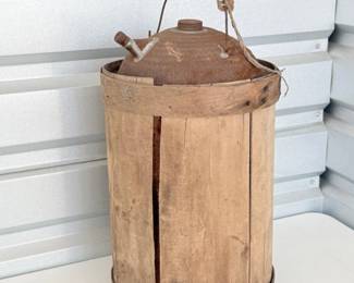 19 AntiqueWoodWrappedMetalFuelOilCan