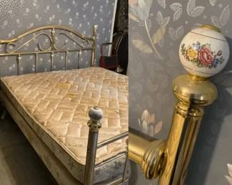 King Size Brass Bed with Porcelain Floral Accents