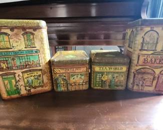 1979 Cheinco Village Shops Tin Canister Set 4 Nesting Pieces