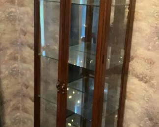 Lighted Wood Curio Cabinet with Mirrored Back Glass Shelves
