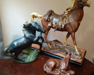 Trio of Decorative Horse Figurines Ceramic Wood