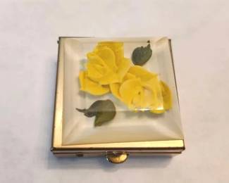 Vintage Bircraft Lucite Pill Box with HandCarved Yellow Roses