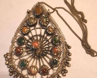 Vintage Ornate Multicolor Stone Costume Pendant with 26 Chain