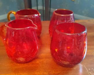 Set of 4 Blenko Red Crackle Glass Handled Tumblers
