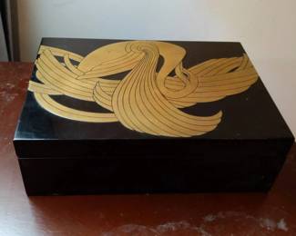 Korean Lacquered Box with Gold Crane Design Numbered