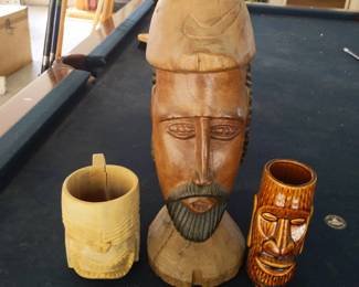 Trio of TikiStyle Pieces Carved Wood Bust, Figural Cup Ceramic Tiki Mug