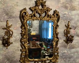 Ornate GoldTone Wall Mirror with Pair of Matching Sconces