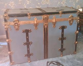 Vintage Steamer Trunk with Metal Hardware Wood Interior