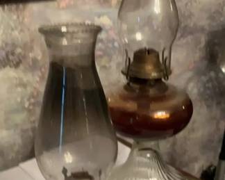 Pair of Vintage Glass Oil Lamps Amber Clear Glass