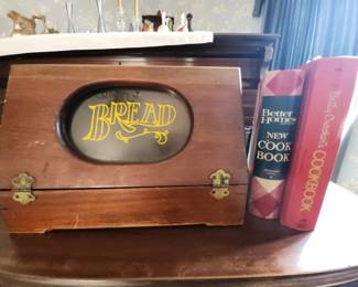 Vintage Wood Bread Box with Betty Crocker Cookbooks